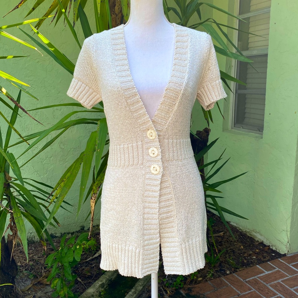 Short Sleeve Long Tan Cream Cardigan